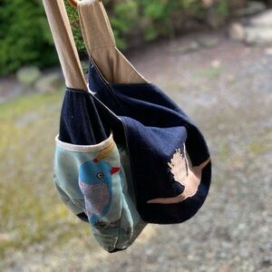 Handmade Bird Appliqué Denim and Canvas Shoulder Bag - Blue & Tan